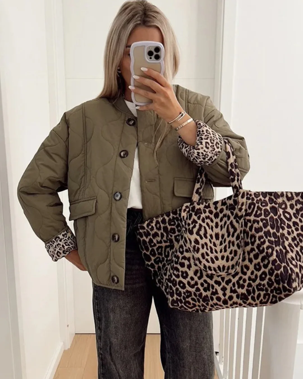 Women’s Quilted Jacket – Relaxed Fit – Leopard Lined Cuffs – Button Front – Hip Length