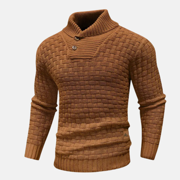 Men’s Knit Sweater – Wool Blend – Regular Fit – Shawl Collar – Button Neck – Textured Weave