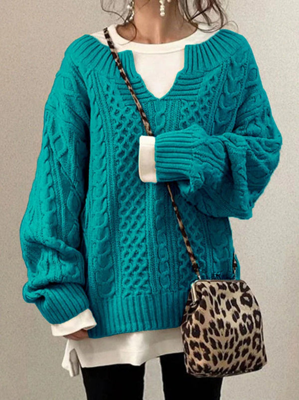 Women’s Sweater – Oversized Fit – Chunky Wool Knit – Cable Design – Notch Round Neck