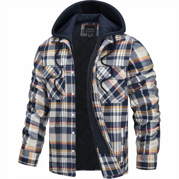 Men’s Bomber Jacket – Quilted Lining – Plaid Pattern – Hooded – Casual Fit Zip Front