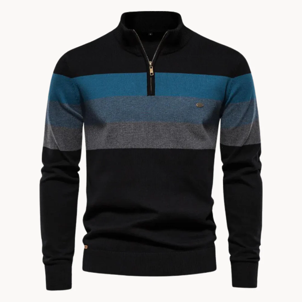Men’s Quarter-Zip Sweater – Slim Fit – Wool Blend Knit – Ribbed Trim – Striped Chest