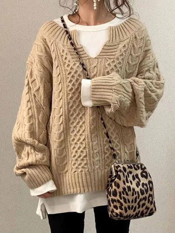 Women’s Sweater – Oversized Fit – Chunky Wool Knit – Cable Design – Notch Round Neck