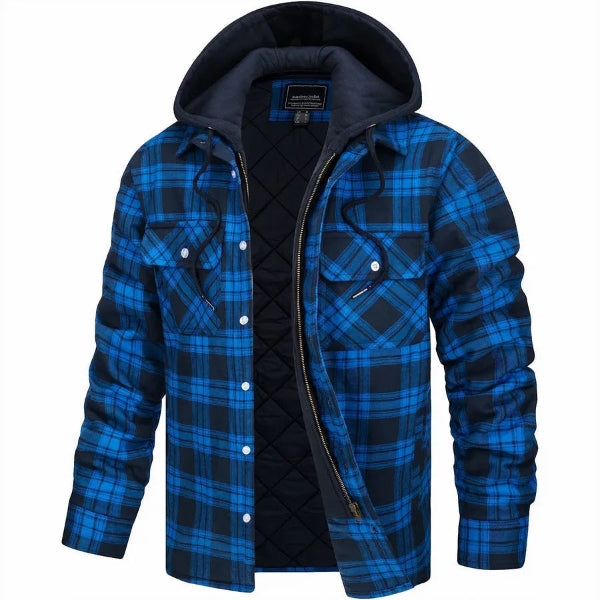 Men’s Bomber Jacket – Quilted Lining – Plaid Pattern – Hooded – Casual Fit Zip Front