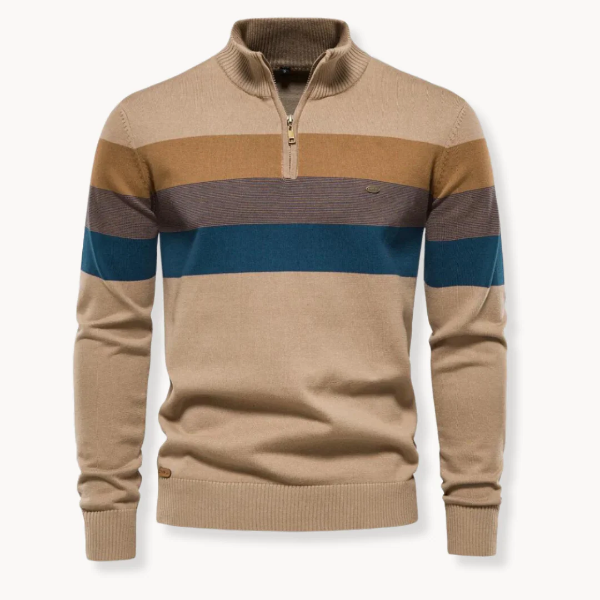 Men’s Quarter-Zip Sweater – Slim Fit – Wool Blend Knit – Ribbed Trim – Striped Chest