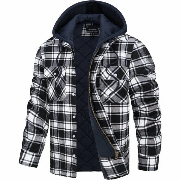 Men’s Bomber Jacket – Quilted Lining – Plaid Pattern – Hooded – Casual Fit Zip Front