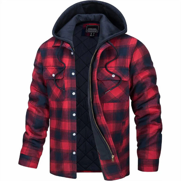 Men’s Bomber Jacket – Quilted Lining – Plaid Pattern – Hooded – Casual Fit Zip Front