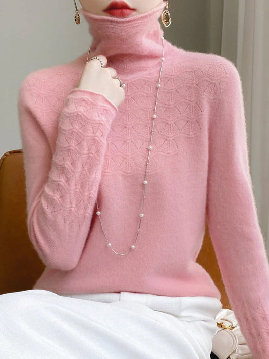 Women’s Turtleneck Sweater – Slim Fit – Wool Blend – Hollow Knit – Full Length Sleeves