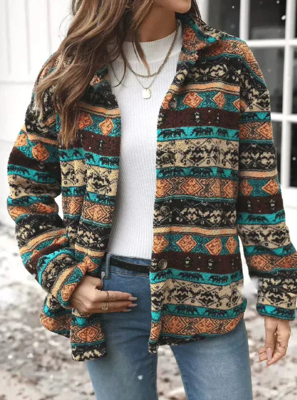 Women’s Fleece Jacket – Relaxed Fit – Plush Double Face – Zip Front – Tribal Pattern