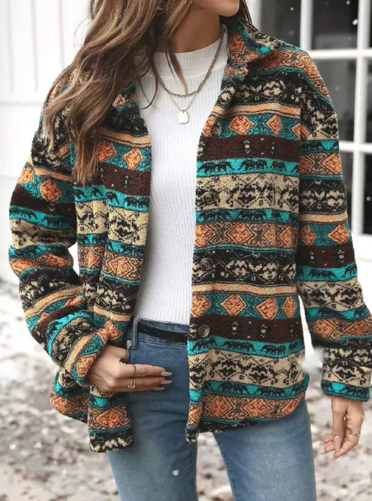 Women’s Fleece Jacket – Relaxed Fit – Plush Double Face – Zip Front – Tribal Pattern