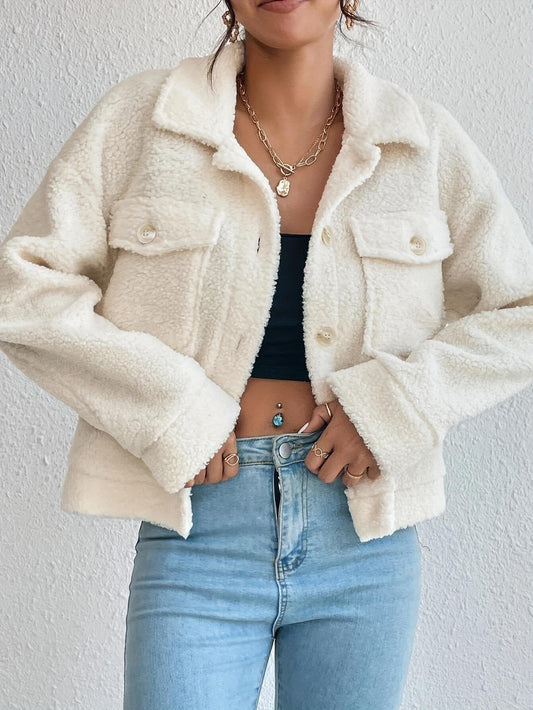 Women’s Cropped Wool Coat – Relaxed Fit – Sherpa Texture – Button Front – Flap Pockets
