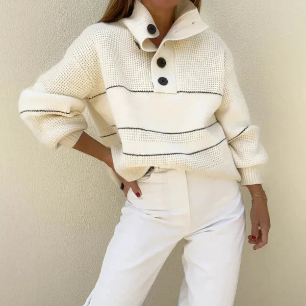 Women’s Knitted Sweater – Wool Blend – Oversized Fit – High Neck – Striped Pullover