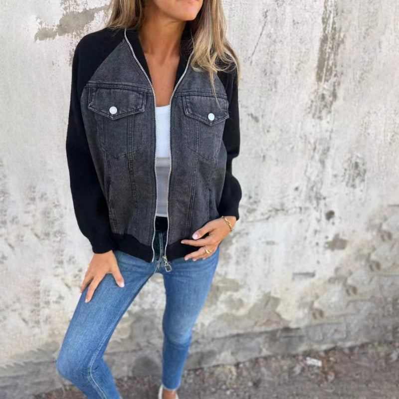 Women’s Denim Jacket – Relaxed Fit – Patchwork Design – Button Front Casual Layer