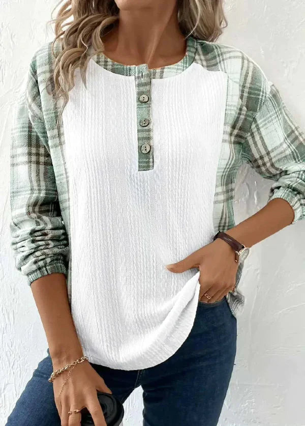 Women’s Long Sleeve T-shirt – Relaxed Fit – Ribbed Body – Plaid Contrast – Button Neck