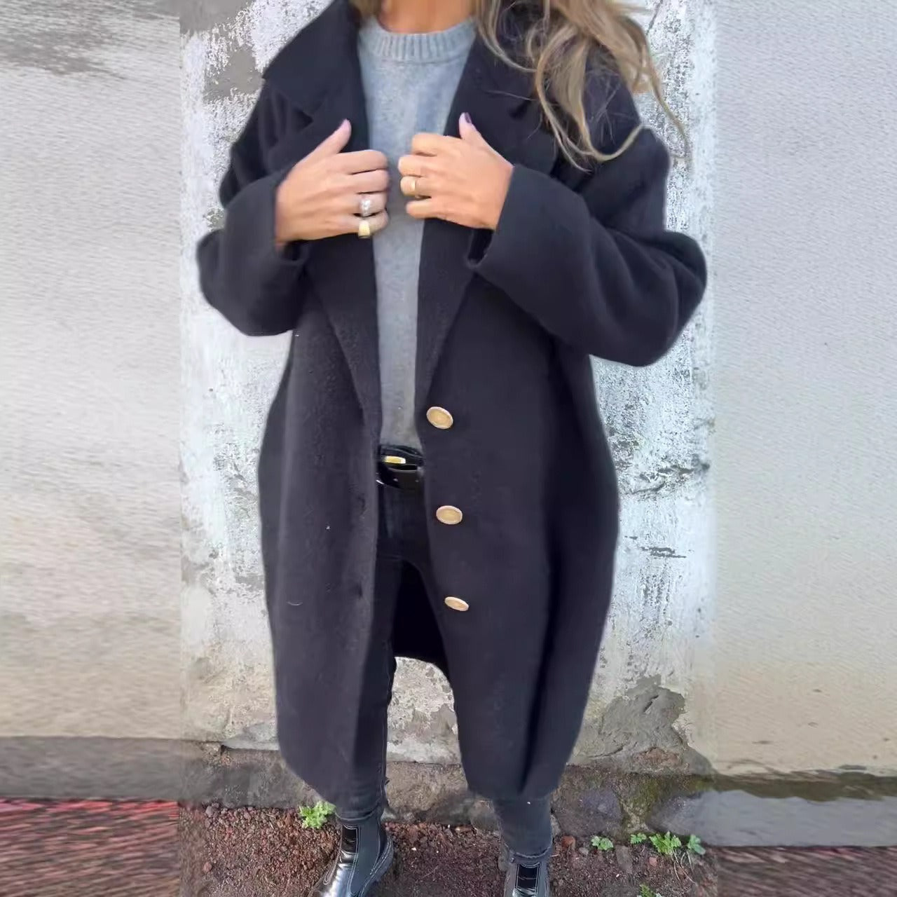 Women’s Wool Coat – Oversized Fit – Lapel Collar – Button Front – Mid Length