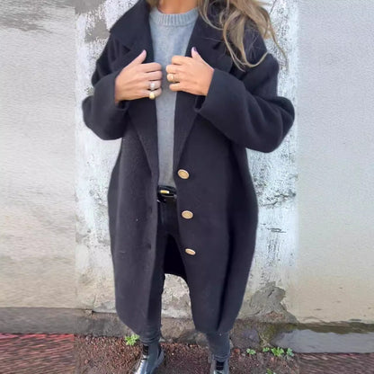 Women’s Wool Coat – Oversized Fit – Lapel Collar – Button Front – Mid Length