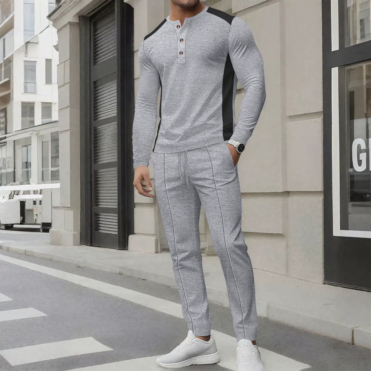 Men’s Two-Piece Set – Slim Fit Henley Shirt and Pants – Waffle Knit – Long Sleeve