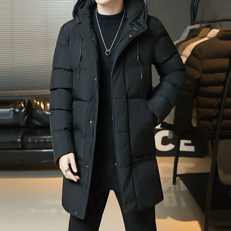 Men’s Mid-Length Coat – Quilted Cotton – Hooded – Relaxed Fit – Insulated Warm Layer