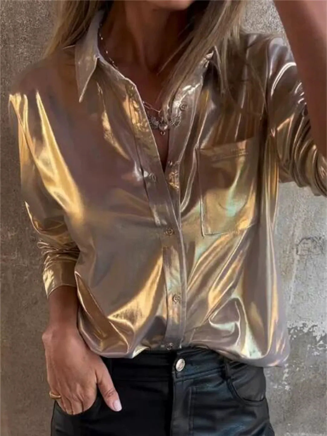 Women’s Button-Down Shirt – Faux Leather – Relaxed Fit – Long Sleeve Casual Wear