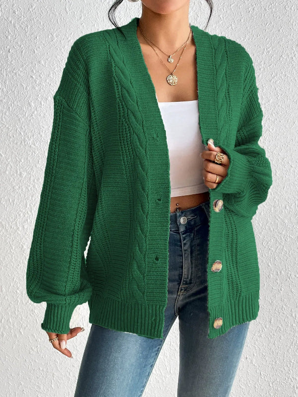 Women’s Knitted Cardigan – Cable Knit – Oversized Fit – Button Front – Ribbed Hem