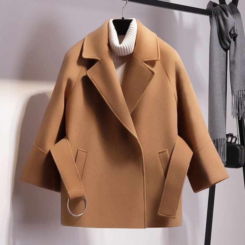 Women’s Wool Coat – Loose Fit – Notched Lapel – Open Front – Wide Sleeve with Strap