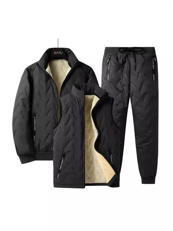 Men’s Three-Piece Set – Quilted Jacket Vest and Trousers – Wool Lined – Casual Fit
