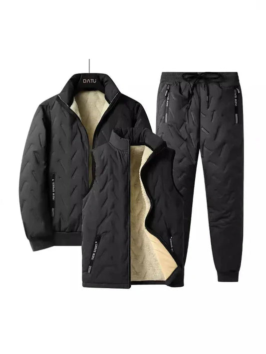 Men’s Three-Piece Set – Quilted Jacket Vest and Trousers – Wool Lined – Casual Fit