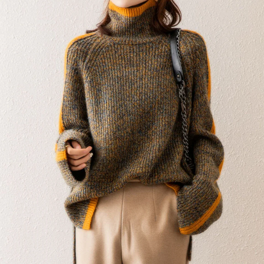Women’s Pullover Sweater – Oversized Fit – Wool – Turtleneck – Ribbed Knit – Side Slits