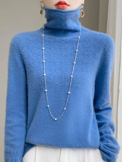 Women’s Turtleneck Sweater – Slim Fit – Wool Blend – Hollow Knit – Full Length Sleeves