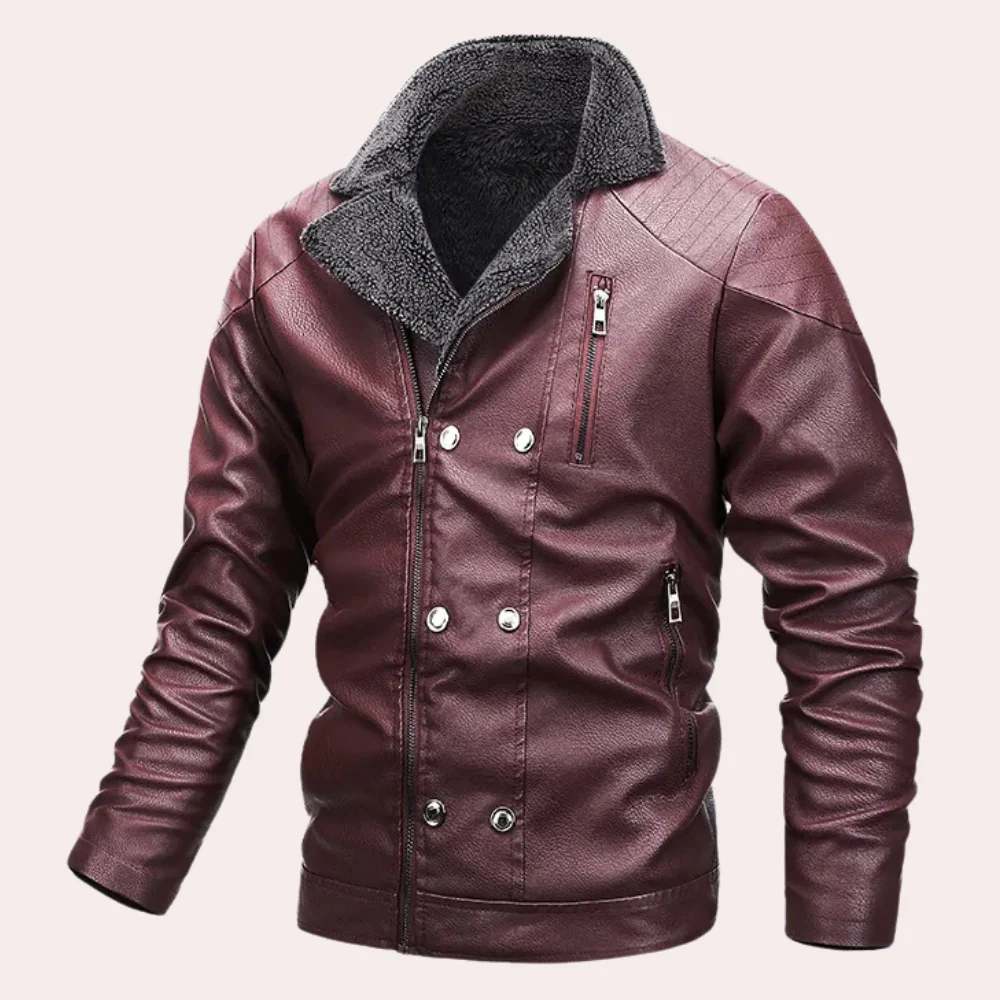 Men’s Faux Leather Jacket – Structured Fit – Shearling Lined – Quilted Shoulders
