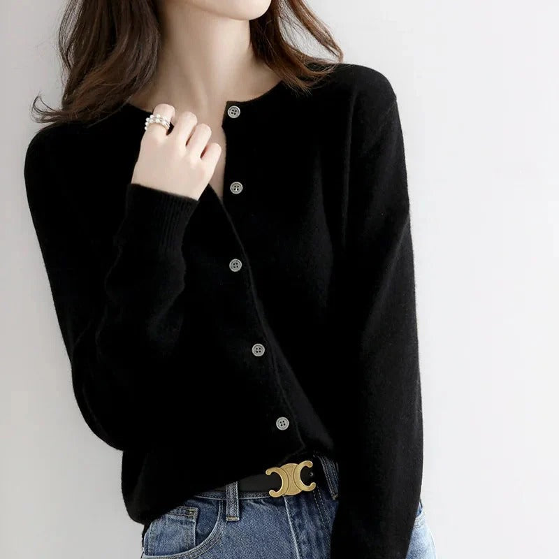 Women’s Cardigan – Wool Knit – Regular Fit – Button Front – Ribbed Trim – Hip Length