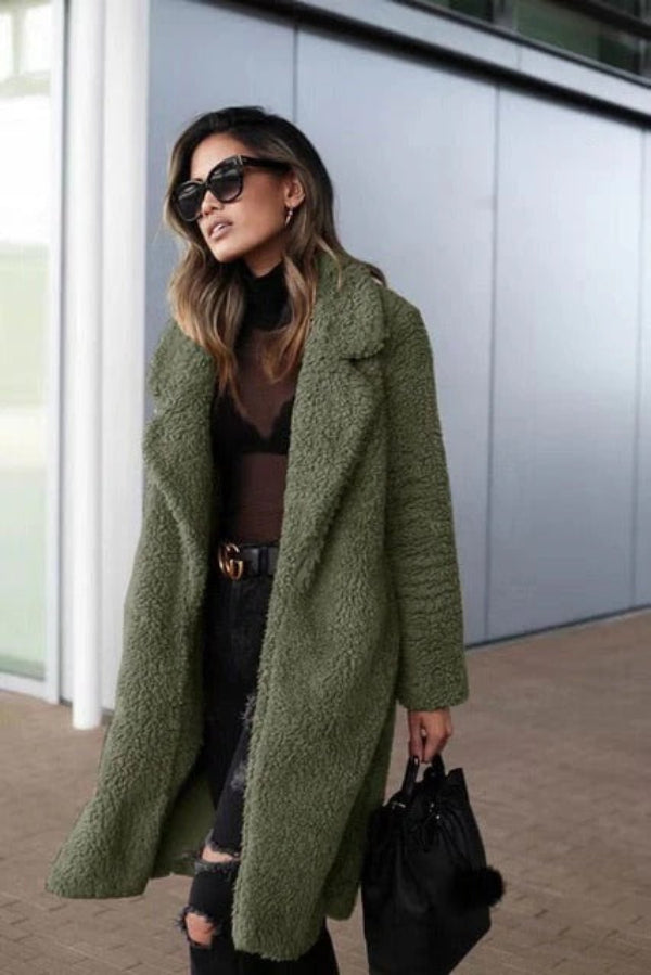 Women’s Teddy Coat – Oversized Fit – Long Length – Soft Textured – Lapel Collar