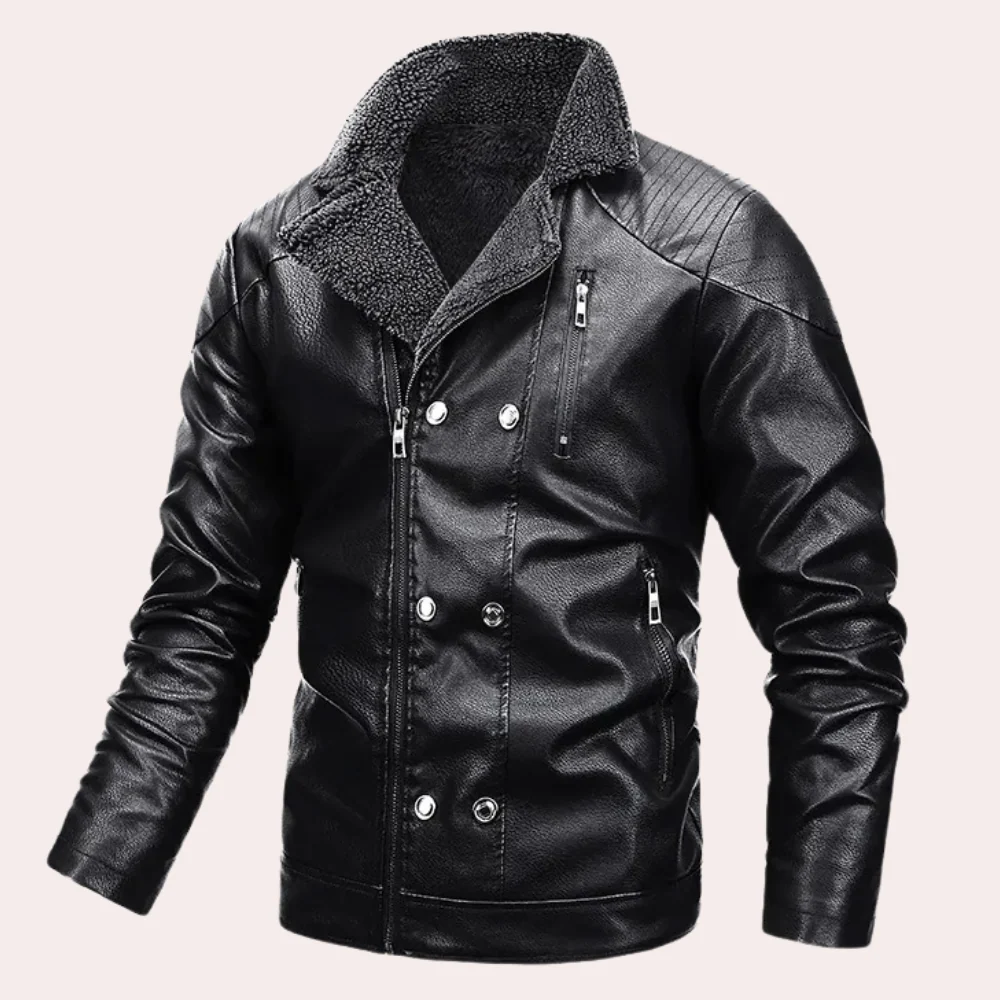 Men’s Faux Leather Jacket – Structured Fit – Shearling Lined – Quilted Shoulders