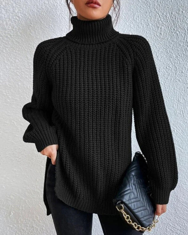 Women’s Turtleneck Sweater – Chunky Waffle Knit – Relaxed Fit – Ribbed Cuffs – Hip Length