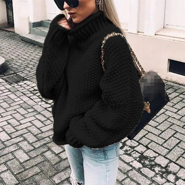 Women’s Turtleneck Sweater – Oversized Fit – Chunky Knit – Ribbed Trim – Casual Wear