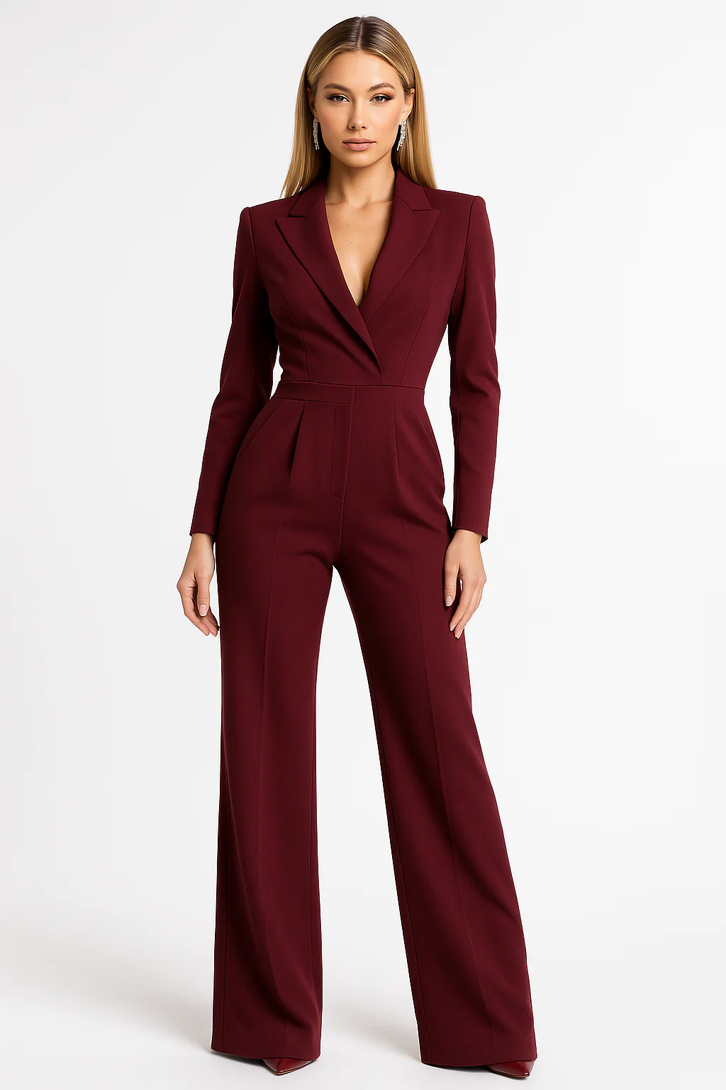 Women’s Jumpsuit – Tailored Fit – V-Neck – Long Sleeve – Wide-Leg Elegant Silhouette