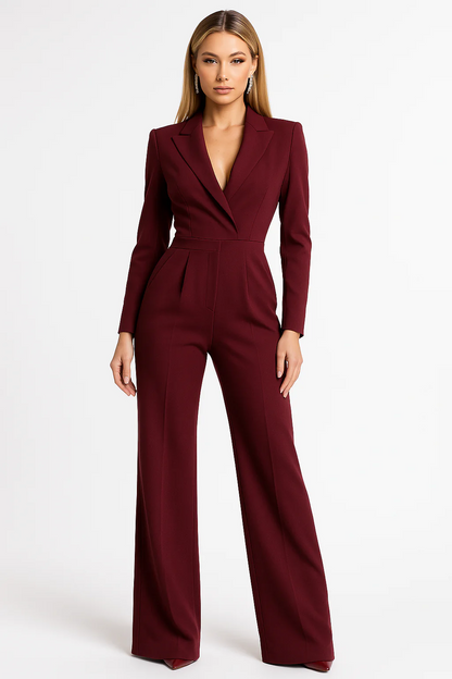 Women’s Jumpsuit – Tailored Fit – V-Neck – Long Sleeve – Wide-Leg Elegant Silhouette