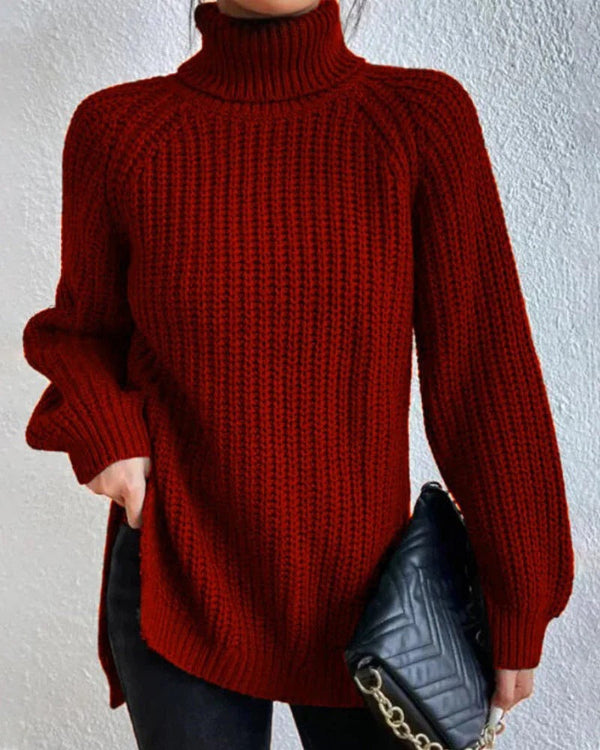 Women’s Turtleneck Sweater – Chunky Waffle Knit – Relaxed Fit – Ribbed Cuffs – Hip Length