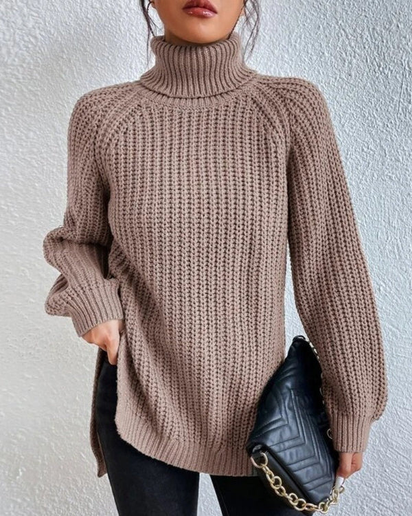 Women’s Turtleneck Sweater – Chunky Waffle Knit – Relaxed Fit – Ribbed Cuffs – Hip Length