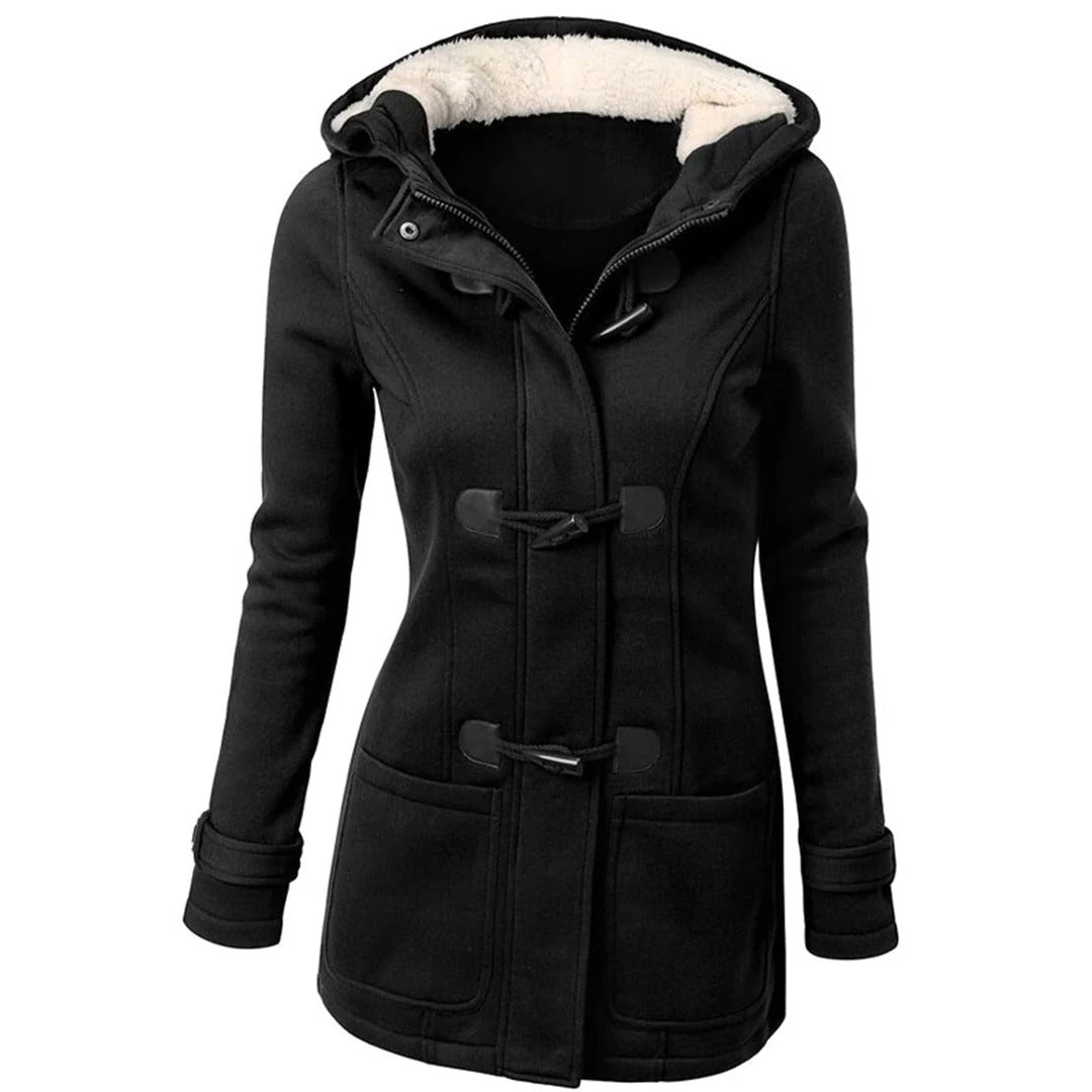 Women’s Long Coat – Tailored Fit – Wool Blend – Hooded with Toggle Fastening