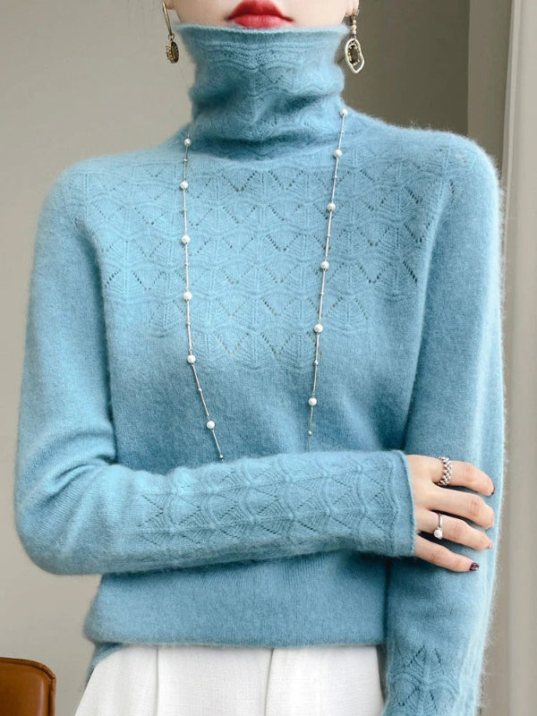 Women’s Turtleneck Sweater – Slim Fit – Wool Blend – Hollow Knit – Full Length Sleeves