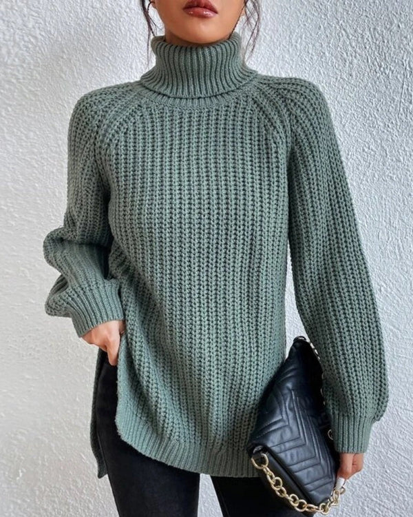 Women’s Turtleneck Sweater – Chunky Waffle Knit – Relaxed Fit – Ribbed Cuffs – Hip Length