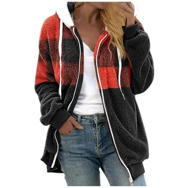 Women’s Hooded Sweatshirt Jacket – Plush Fleece – Oversized Fit – Zip Front – Casual Wear