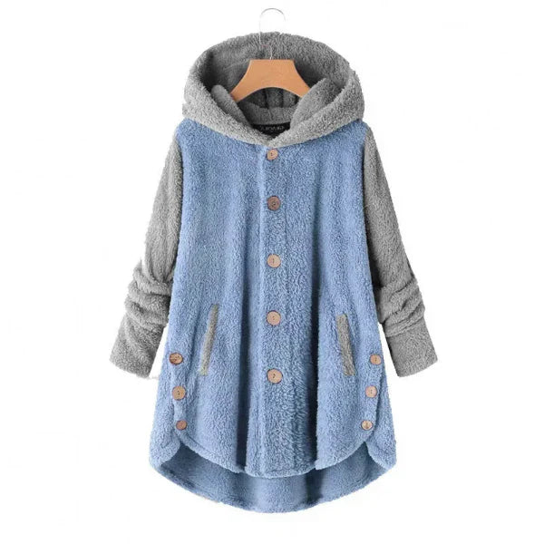 Women’s Hooded Coat – Oversized Fit – Fuzzy Fleece – Button Front – Asymmetrical Hem