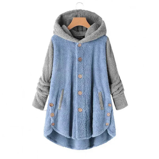 Women’s Hooded Coat – Oversized Fit – Fuzzy Fleece – Button Front – Asymmetrical Hem