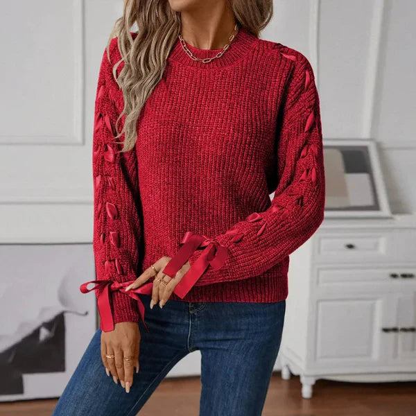 Women’s Pullover Sweater – Relaxed Fit – Soft Knit – Lace-Up Sleeves – Crew Neck