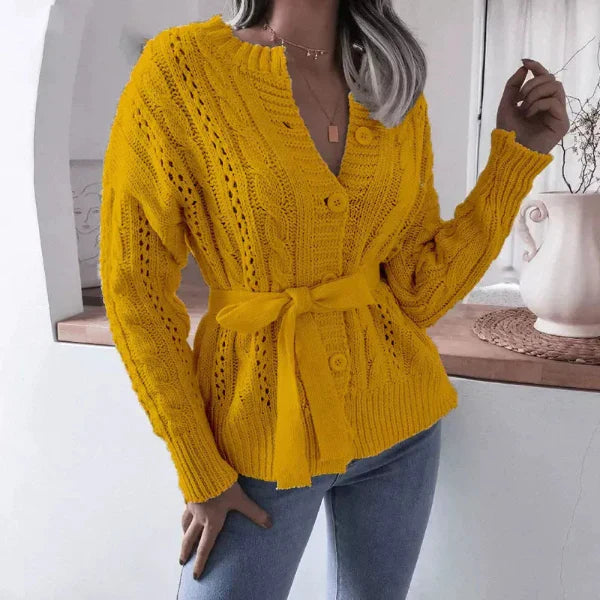 Women’s Knit Cardigan – Wool Blend – Cable Knit – Button Front – Waist Tie – Relaxed Fit