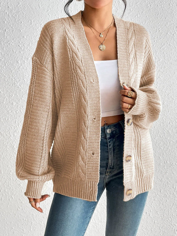 Women’s Knitted Cardigan – Cable Knit – Oversized Fit – Button Front – Ribbed Hem