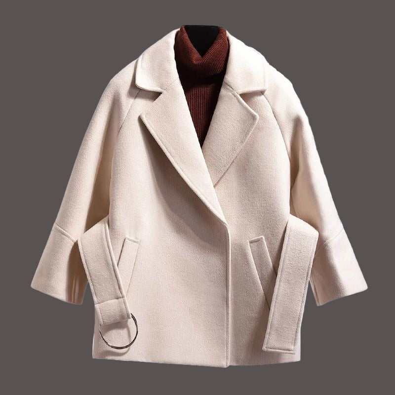 Women’s Wool Coat – Loose Fit – Notched Lapel – Open Front – Wide Sleeve with Strap