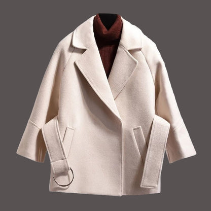 Women’s Wool Coat – Loose Fit – Notched Lapel – Open Front – Wide Sleeve with Strap