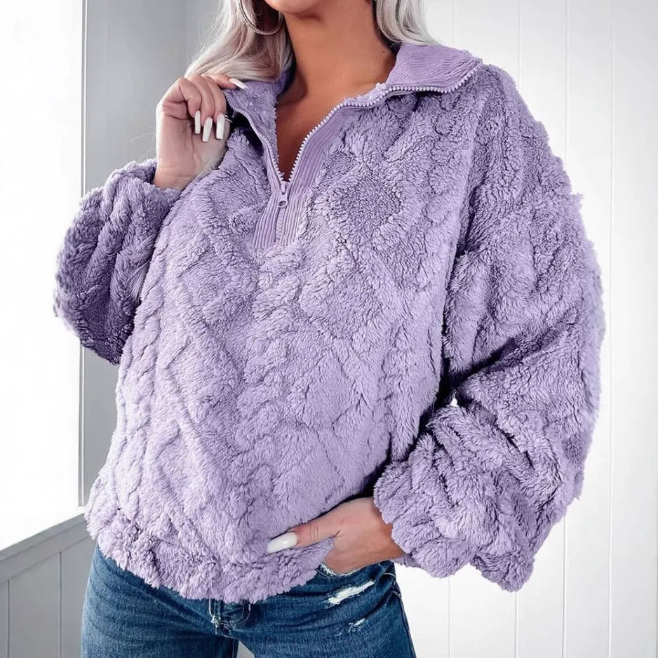 Women’s Pullover Sweater – Faux Fur – Relaxed Fit – Quilted – Half Zip – Long Sleeve